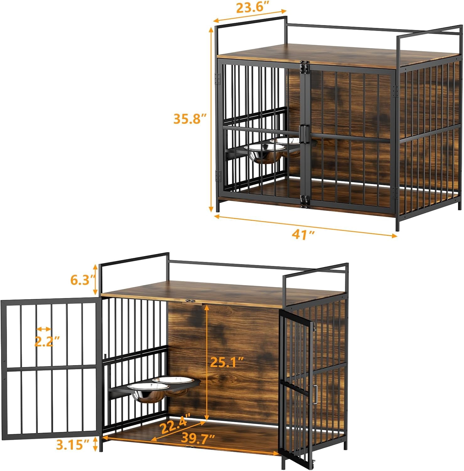 Wooden Dog Crate Furniture for Large Dogs, 41" Super Sturdy Indoor Dog Kennel with Adjustable Feeder & Extra Storage, Heavy Steel Tube Structure for Large Dogs
