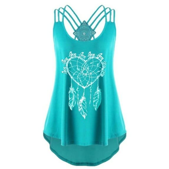 Grianlook Women Tank Top Sleeveless T Shirts Backless Baggy Vest Scoop Neck Ladies Fashion Strappy Hawaiian Dreamcatcher Print Pink Green XXL