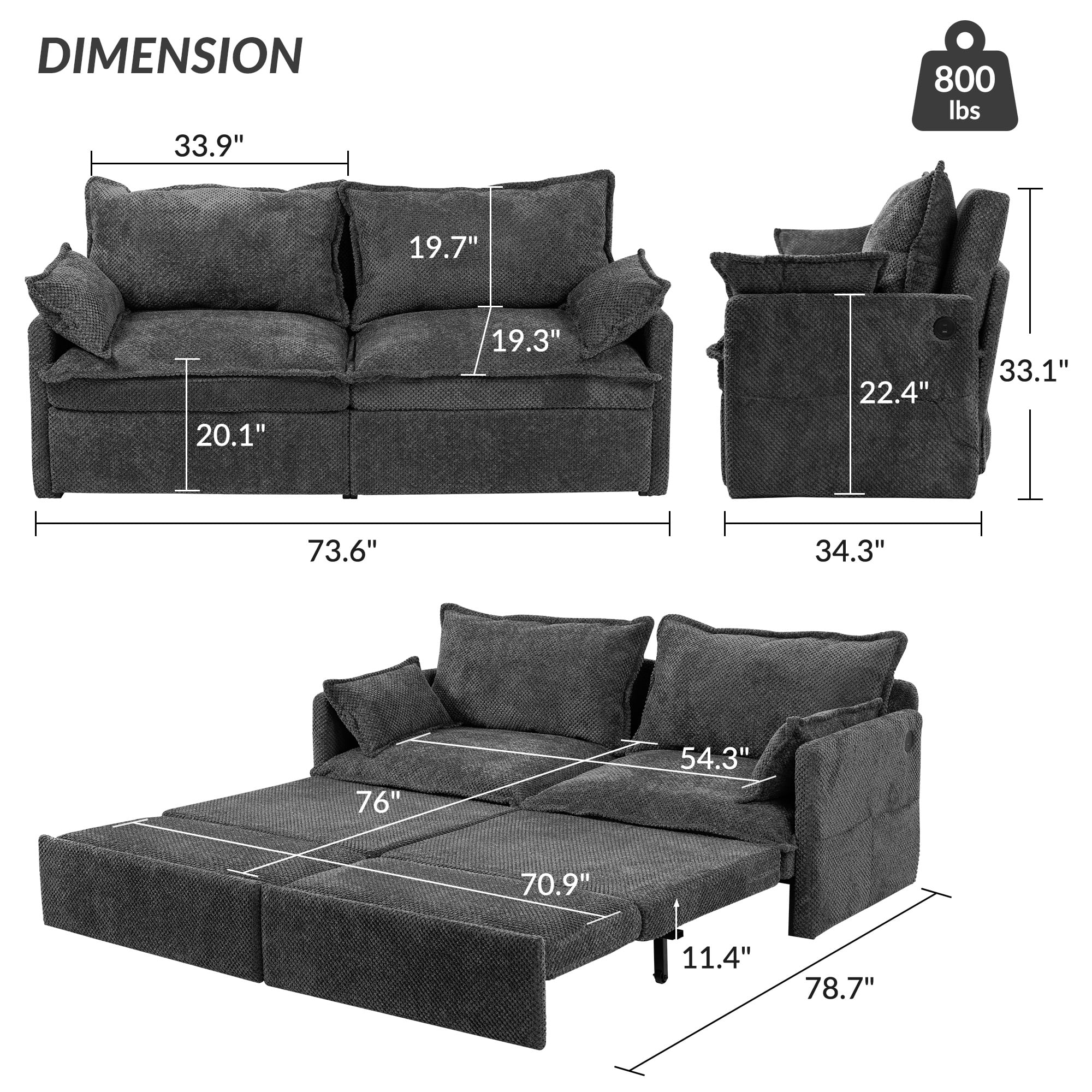 73.6'' Pull Out Sofa Bed, 3 in 1 Convertible Sleeper Loveseat Sofa, Pull Out Couch with USB Charging, Side Pockets for Living Room, Apartment, Small Spaces (Corduroy, Gray)