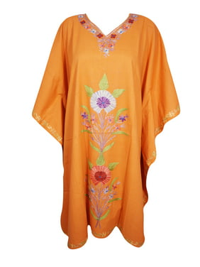 Mogul Womens Orange Embellished Evening Party Beach Coverup Tunic Dress Caftan One Size