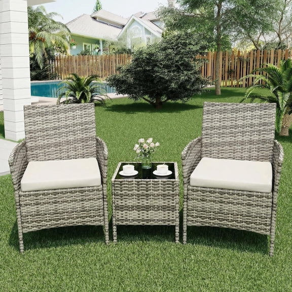 3 Pieces Rattan Conversation Set, Wicker Outdoor Patio Furniture Set with Tempered Glass Table, Patio Table and Chairs Set for Backyard Lawn Porch Poolside Balcony, Grey and Beige
