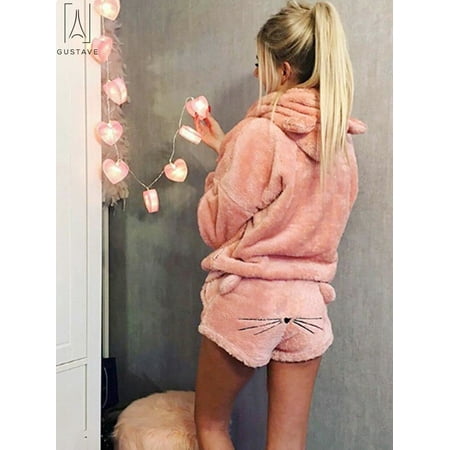 GustaveDesign 1 Set Fashion Winter Women Cat Pajamas 2pcs(Warm Hoodie+Shorts Hoodie )Sleepwear " Size XL, Pink"