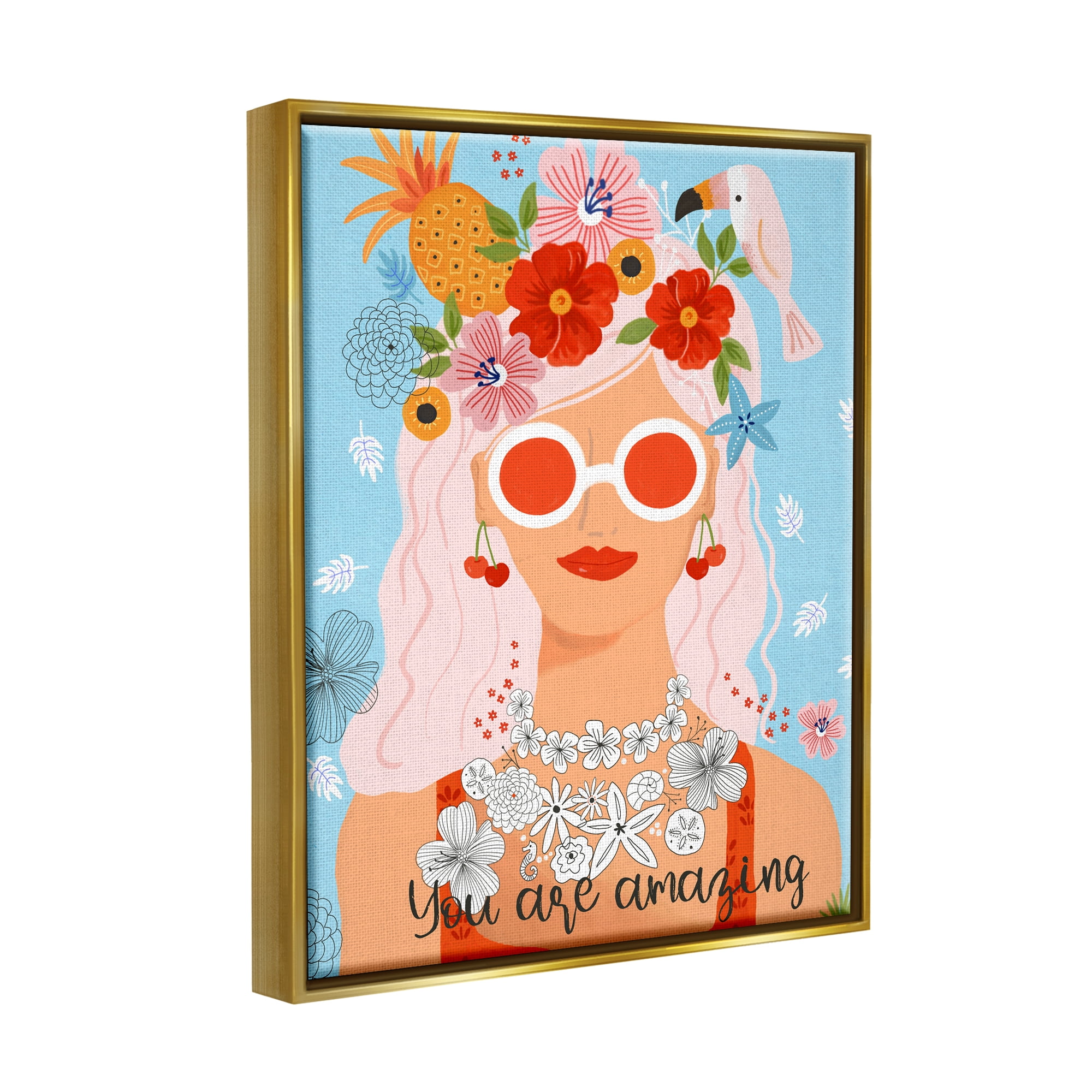 Stupell Industries You Are Amazing Motivational Floral Woman Portrait Graphic Art Metallic Gold Floating Framed Canvas Print Wall Art, Design by Sharon Lee