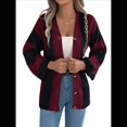 thumbnail image 3 of Suéter Tipo Cárdigan de Acampanada con Rayas Contrastantes para Mujer, Otoño e Invierno, Abrigo de Longitud Media. Vino Tinto M, 3 of 10