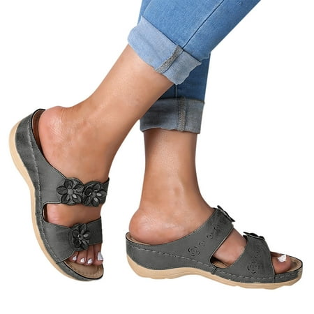

HSMQHJWE Slides Sandals Beach Casual Comfort Slippers HSMQHJWE Women s Open Toe Waterproof Slip-on Flat Slide Sandals with Arch Support （Gray 10.5)