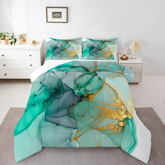 Marble Bedding Set Teal Abstract Marble Art Down Comforter Gold Metallic Sequins Queen Comforter Set For Adult Women Kids Girls,Turquoise Gradient Marble Texture Bed Set Room Decor