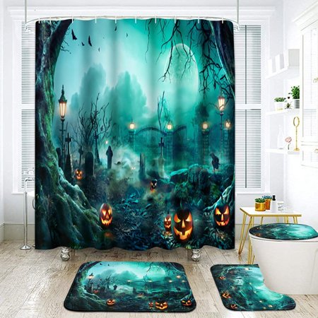 ZHANZZK Pumpkins Graveyard Spooky Night Halloween 4 Piece Bathroom Set Shower Curtain Bath Rug Contour Mat and Toilet Lid Cover