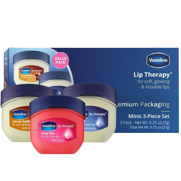 Vaseline Lip Therapy Variety 3-Pack – Crème Brûlée, Rosy Lips, Cocoa Butter Mini Lip Balms for Soft, Glowing, and Deliciously Kissable Lips, 0.25 Oz Ea