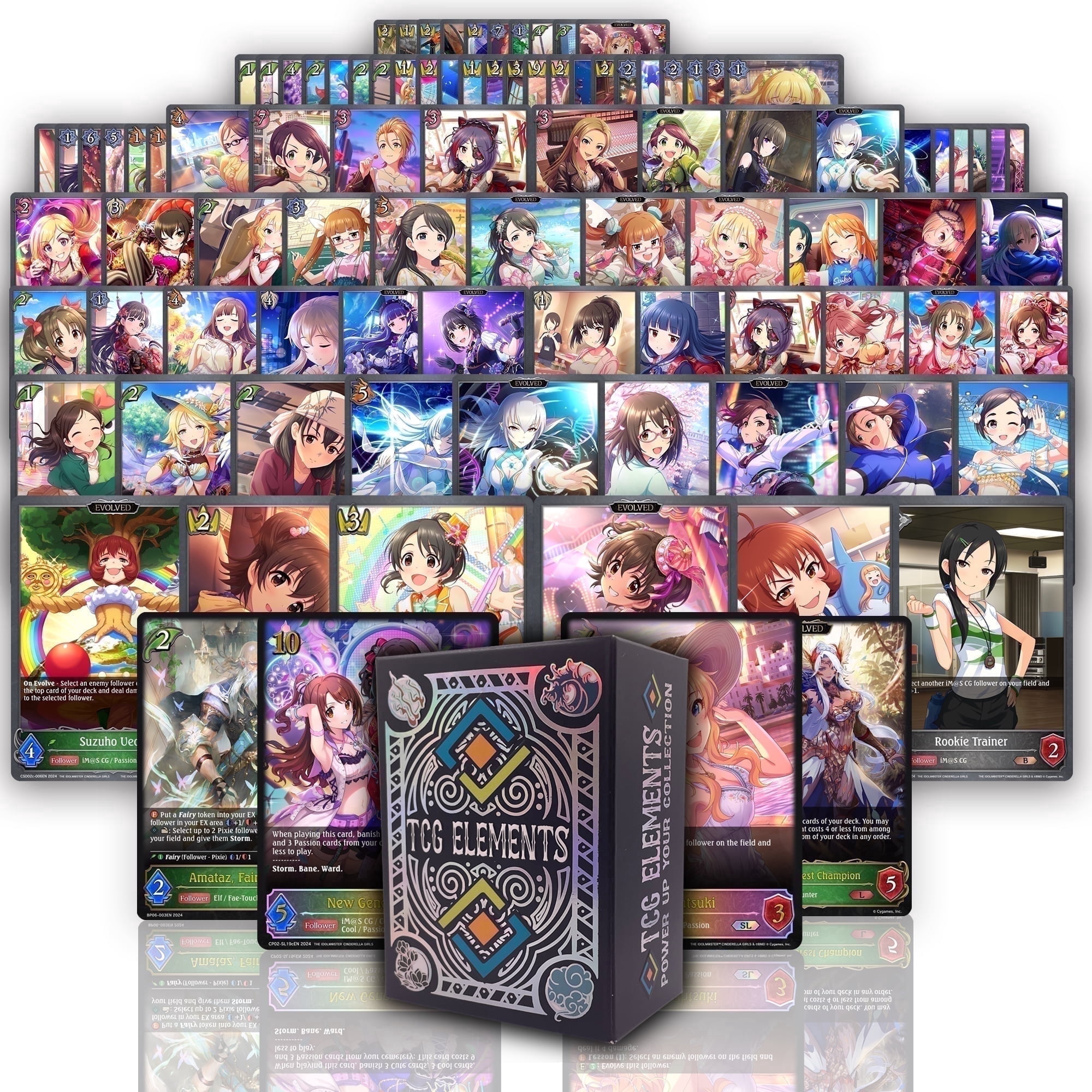 TCG Elements Shadowverse 100+ Card Bundle, 100 C/UC, 5 Tokens, 10 Foils, 2 SL/L, 2 Premium Cards, Deck Box