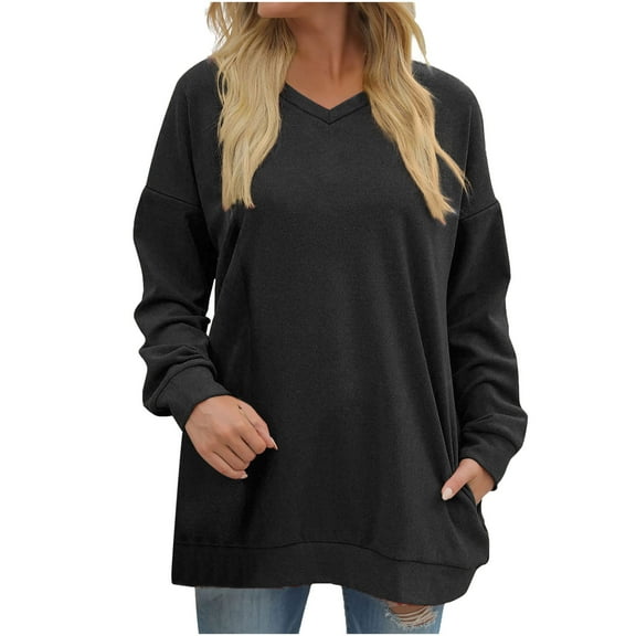 Oversized V Neck Sweatshirts for Women with Pockets Casual Long Sleeve Loose Pullover Tops T-Shirts 2024 Fall Clothes