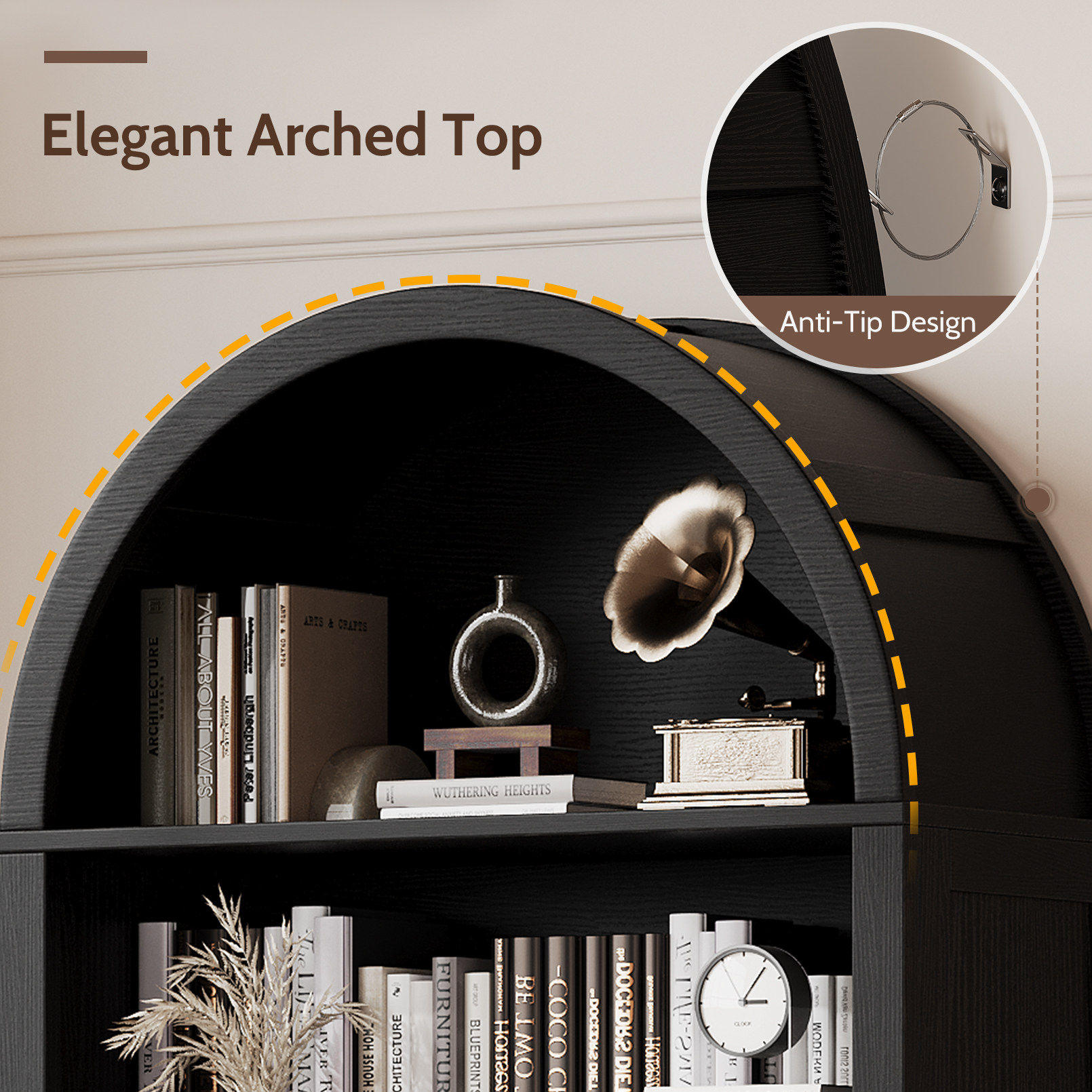 Vividwood Farmhouse 6-Tier Arched Bookshelf Bookcase with Doors Tall Storage Cabinet, Black