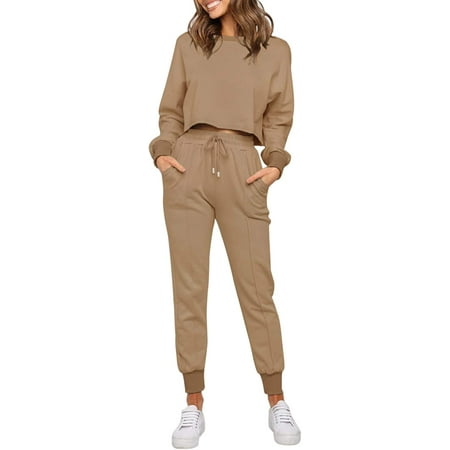 

CHENXINGYGG Women s Long Sleeve Crop Top and Pants Pajama Sets 2 Piece Jogger Long Sleepwear Loungewear Pjs Sets
