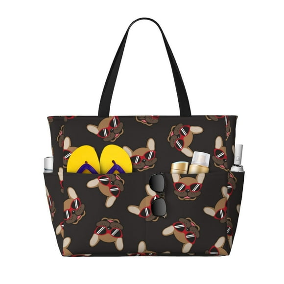 Disketp Bulldog with Sunglasses Bolsa de Playa de Gran Capacidad, Bolso Impermeable y a Prueba de Arena para Mujer, Ideal para Playa, Piscina y Natación