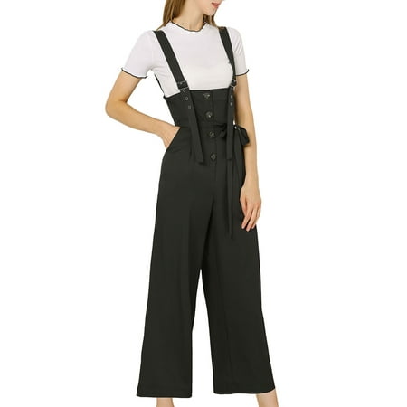 INSPIRE CHIC Women s Button Front High Waist Belted Straight Fit Overall Jumpsuit XS Black