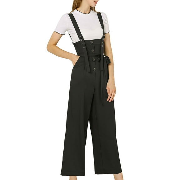 MODA NOVA Juniors Button Front High Waist Belted Straight Fit Overall Jumpsuit Black S