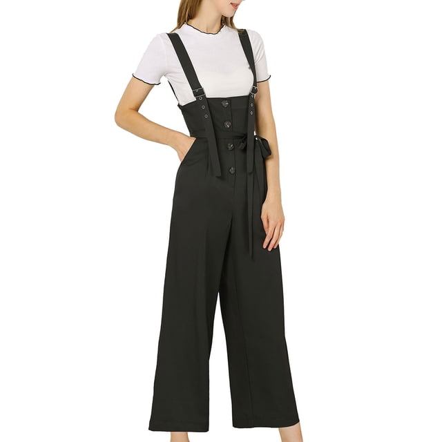 INSPIRE CHIC Women's Button Front High Waist Belted Straight Fit Overall Jumpsuit S Black