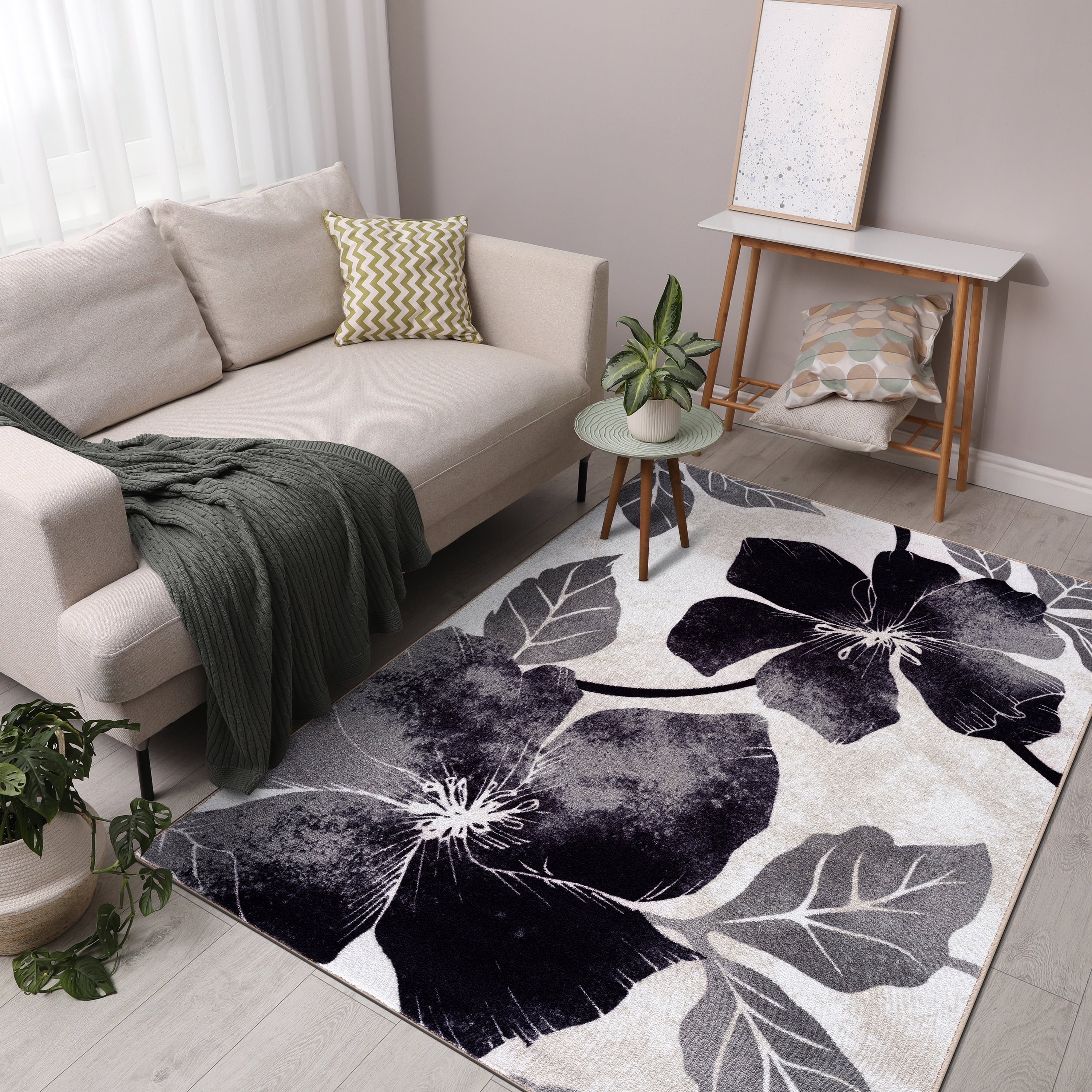 CAMILSON Solana Non Slip Modern Floral Indoor Area Rug Black/Grey 8x10