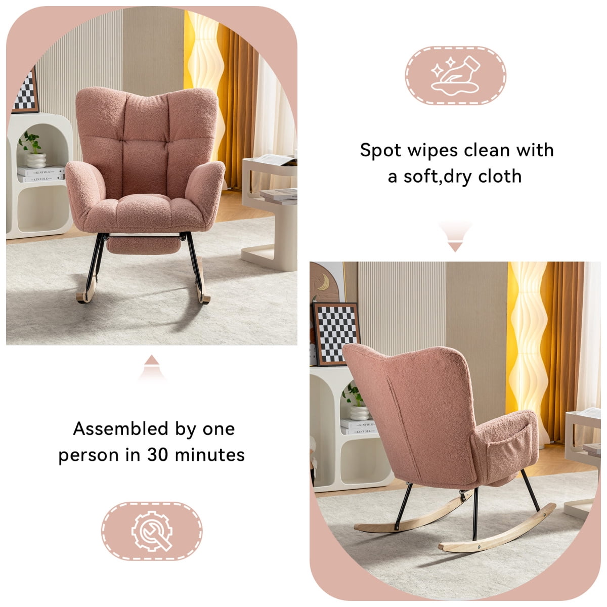 Nursery Rocking Chair Modern Armchair Upholstered Glider Rocking Chair Accent Chair with Retractable Footrest Reading Chair with High Backrest Solid Wood Base for Bedroom, White, Teddy