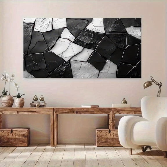 Modern Abstract Black and White Cracked Stone Canvas Wall Art Framed 48x24 Inch for Living Room Bedroom Decor