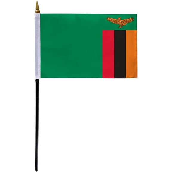 AGAS Zambia Flag 4x6 inch - 11" Plastic Pole 100% Polyester Stitched Edges Zambian Mini Flag on a Stick