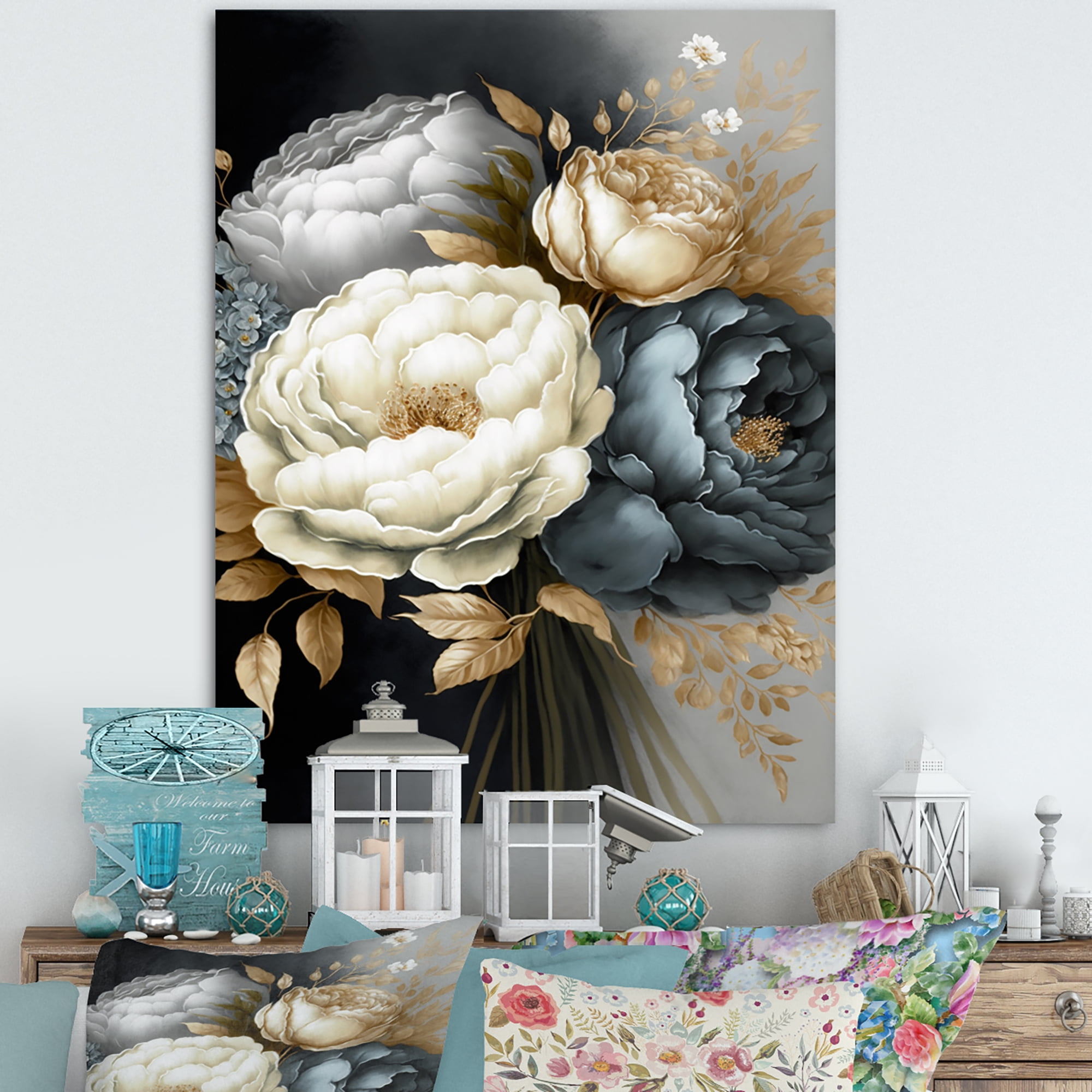 Designart White, Blue And Grey Peony Bouquet III Canvas Wall Art