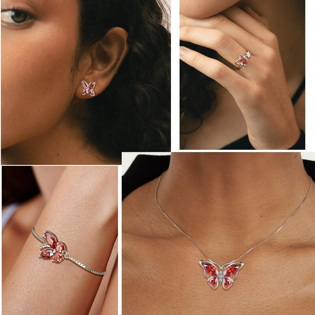 Red Butterfly Jewelry Garnet January Birthstone Jewelry Set Fine Necklace Earrings 925 Sterling Silver Women Birthday Mother's Day Gift