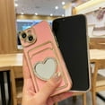 thumbnail image 6 of Plating Wallet for iPhone 14 Case, Plating Love Heart Mirror Card Holder Camera Protection Luxury Cover + 2* Screen Protector, Card Slot Case Elegant iPhone 14 Phone Case -Pink, 6 of 12
