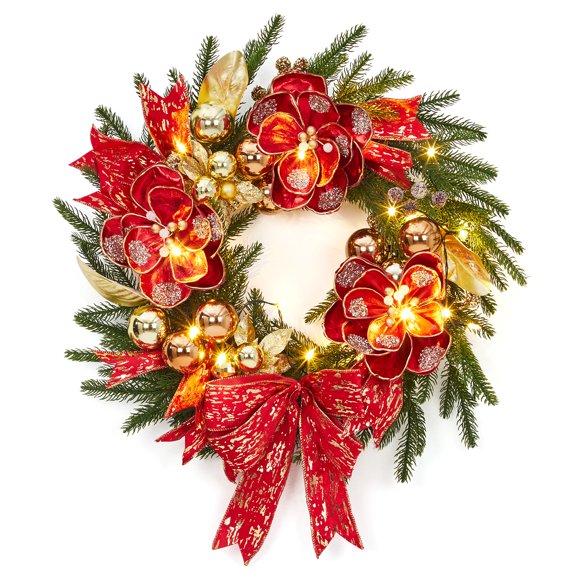 24 Inch Pre-Lit Christmas Wreath with Warm White LED Lights, Artificial Pine Wreath Decorated with Red Bow, Berries, Pine Cones, and Gold Ball Ornaments, for Front Door, Window, Home Office Apartment