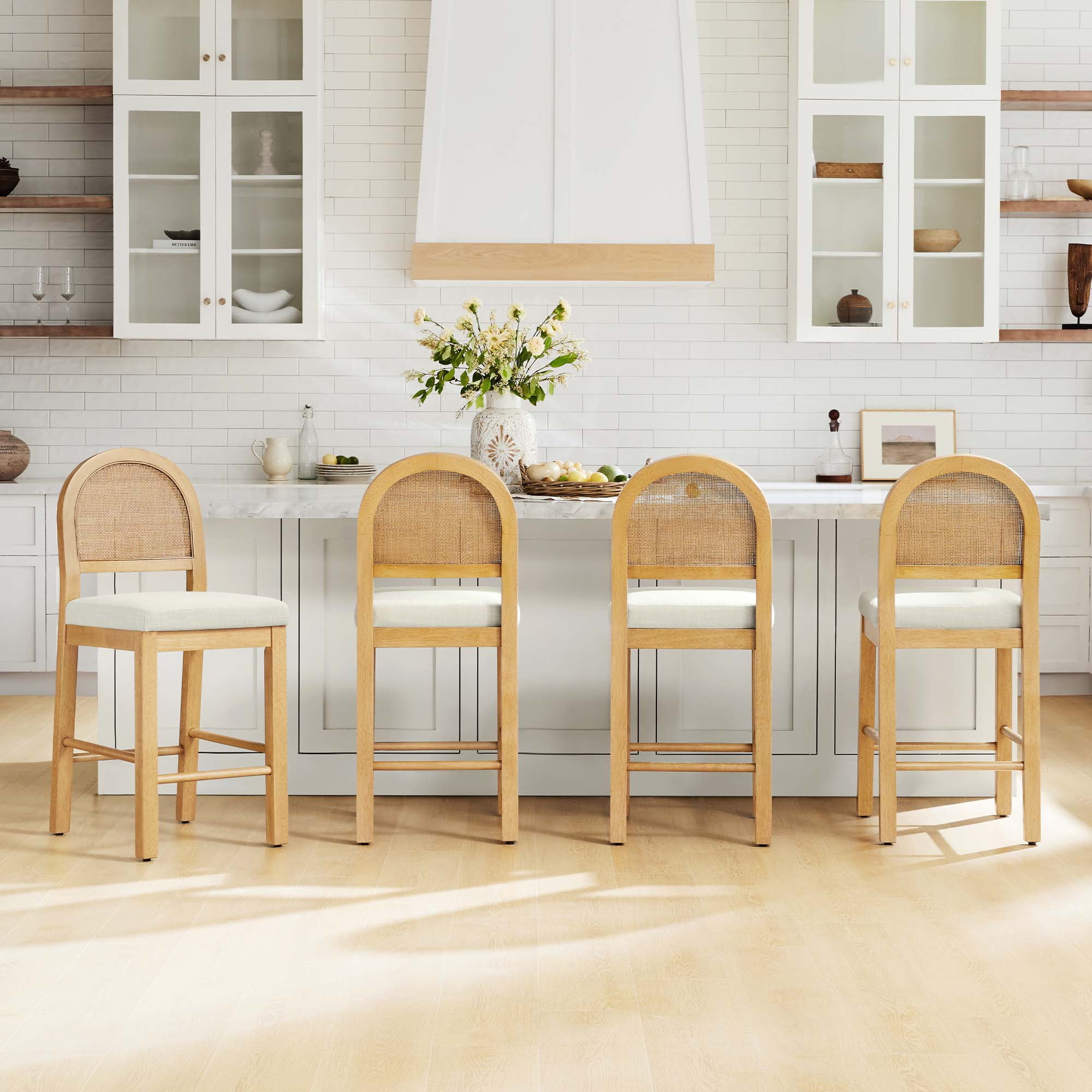 Spruce & Spring Boho Rattan Counter Stool with Solid Wood Frame and Upholstered Seat Set of 3, Natural