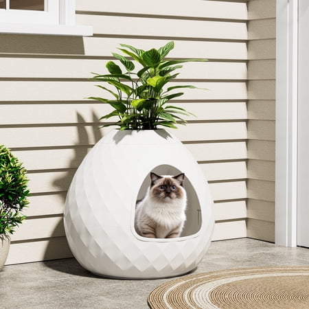 LHBcraft Cat Litter Box Enclosure, Resin Egg-Shaped Hidden Litter Box Furniture with Removable Planter Top, Multi-Functional & Easy to Clean for Living Room Indoor, White