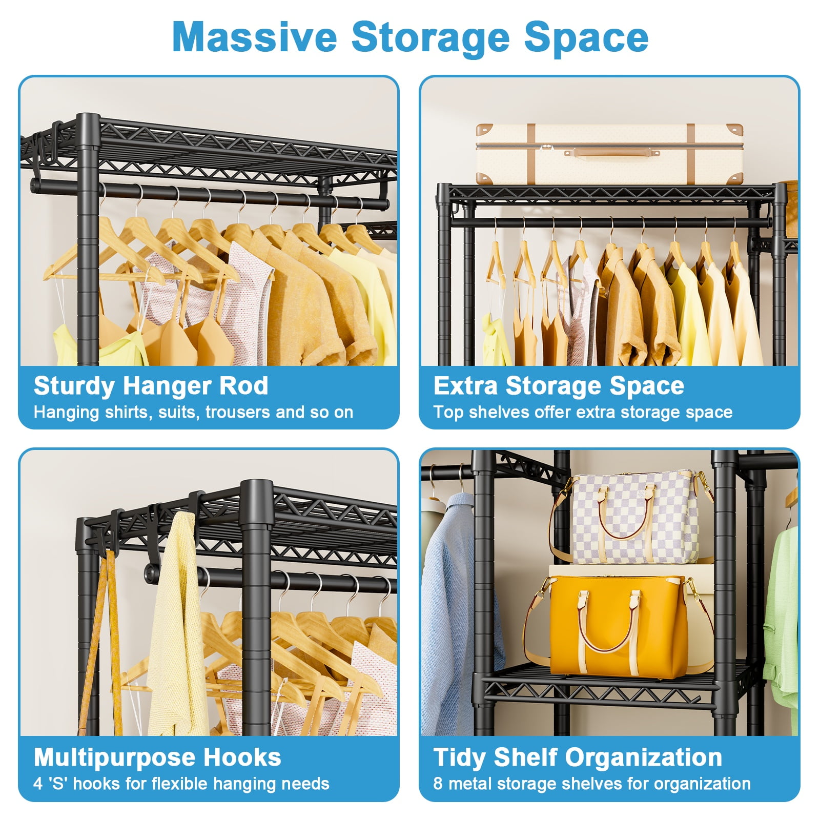 Ulif E4 Wire Garment Rack, Metal Freestanding Closet Organizer and Storage System, Heavy Duty Clothing Wardrobe with 8 Shelves and 4 Hanger Rods, Max Load 920 LBS, 70.9" W x 14.6" D x 79.3" H, Black