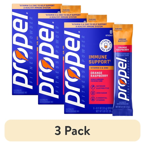 (3 pack) Propel Immune Support Zero Sugar Orange Raspberry, On The Go Packs, Electrolyte Powder Drink Mix, 0.11 oz, 8 Count Packets