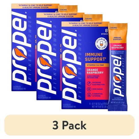 (3 pack) Propel Immune Support Zero Sugar Orange Raspberry, On The Go Packs, Electrolyte Powder Drink Mix, 0.11 oz, 8 Count Packets