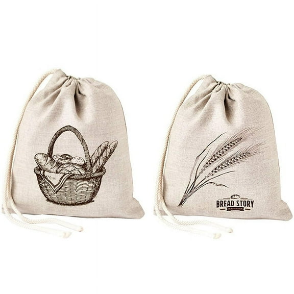 Linen Bread Bags -2 Pack Art Design Natural Unbleached Linen Reusable Food Safe Storage for Homemade Artisan Bread