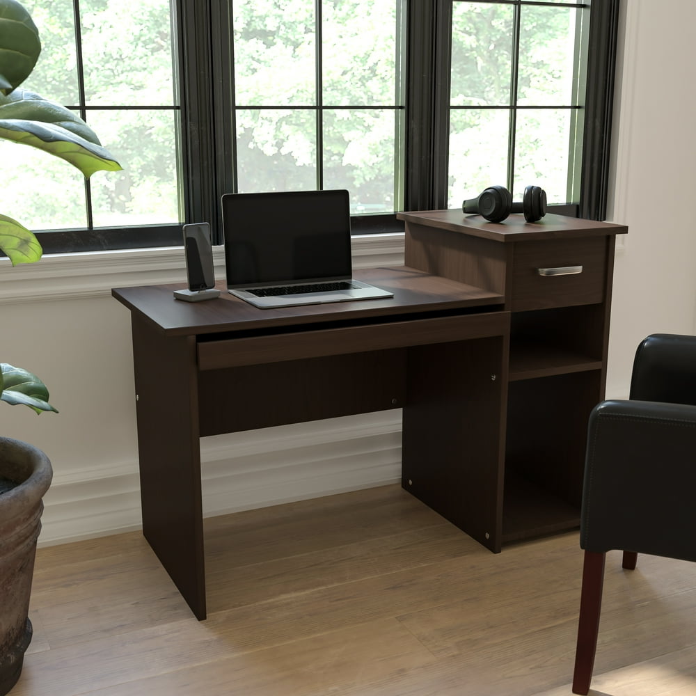 Espresso Wood Grain Finish Computer Desk with Shelves and Drawer