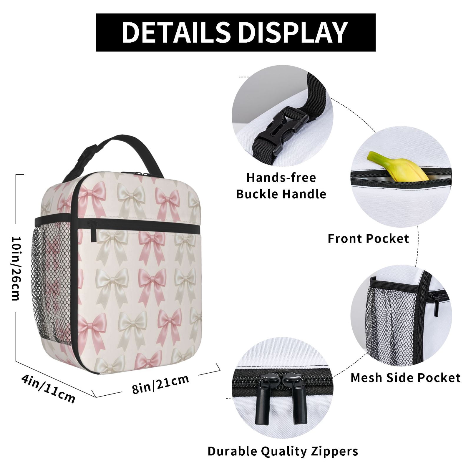 Lunch Bag For Women Men Insulated Portable Lunch Box Bento Box Office Picnic Travel Cooler Bag Elegant Pastel Satin Ribbon Bow Pattern