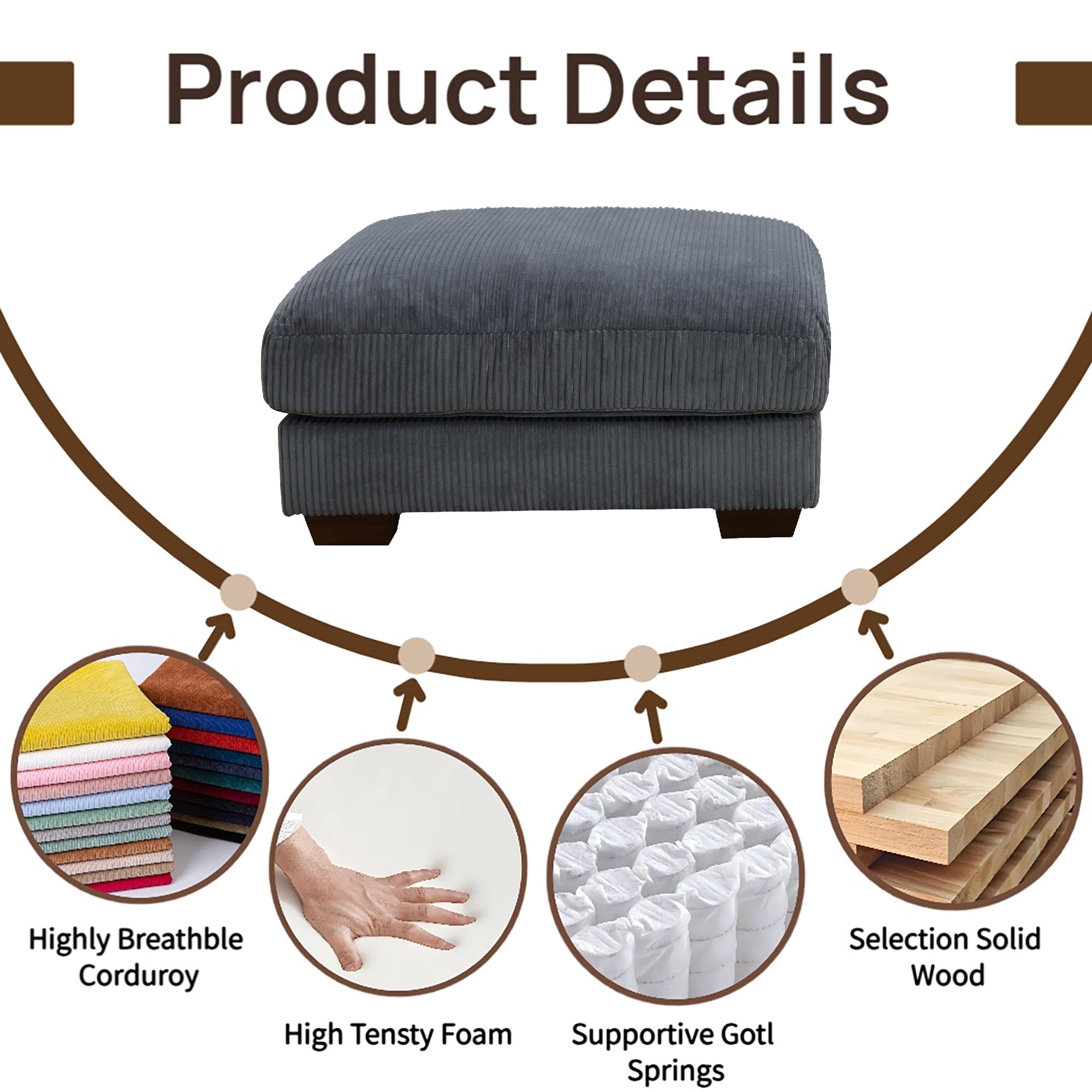 Large Oversized Ottoman Bench for Living Room, No Assembly Needed, Charcoal Corduroy