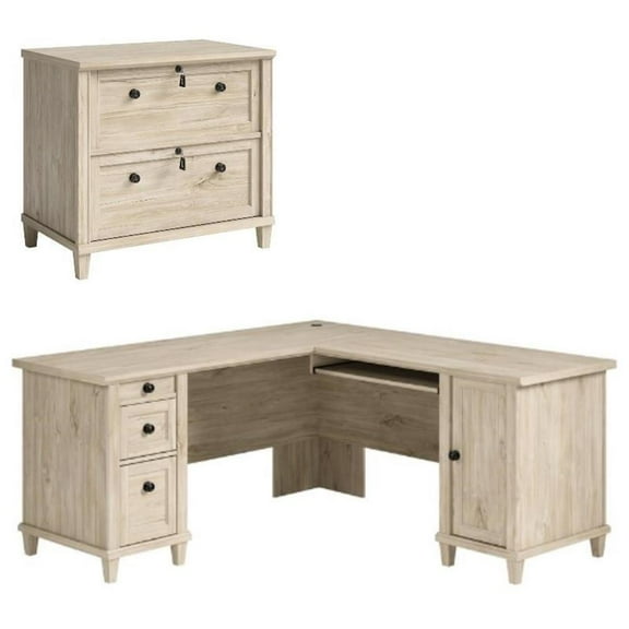 Home Square 2-Piece Set with L-Shaped Desk & Lateral File Cabinet in Chalk Oak
