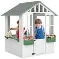 thumbnail image 2 of Outsunny Kids Wooden Playhouse, Outdoor Garden Games Cottage with Flowers Pot Holder, Working Door, Windows, 47" x 38" x 54", White, 2 of 9
