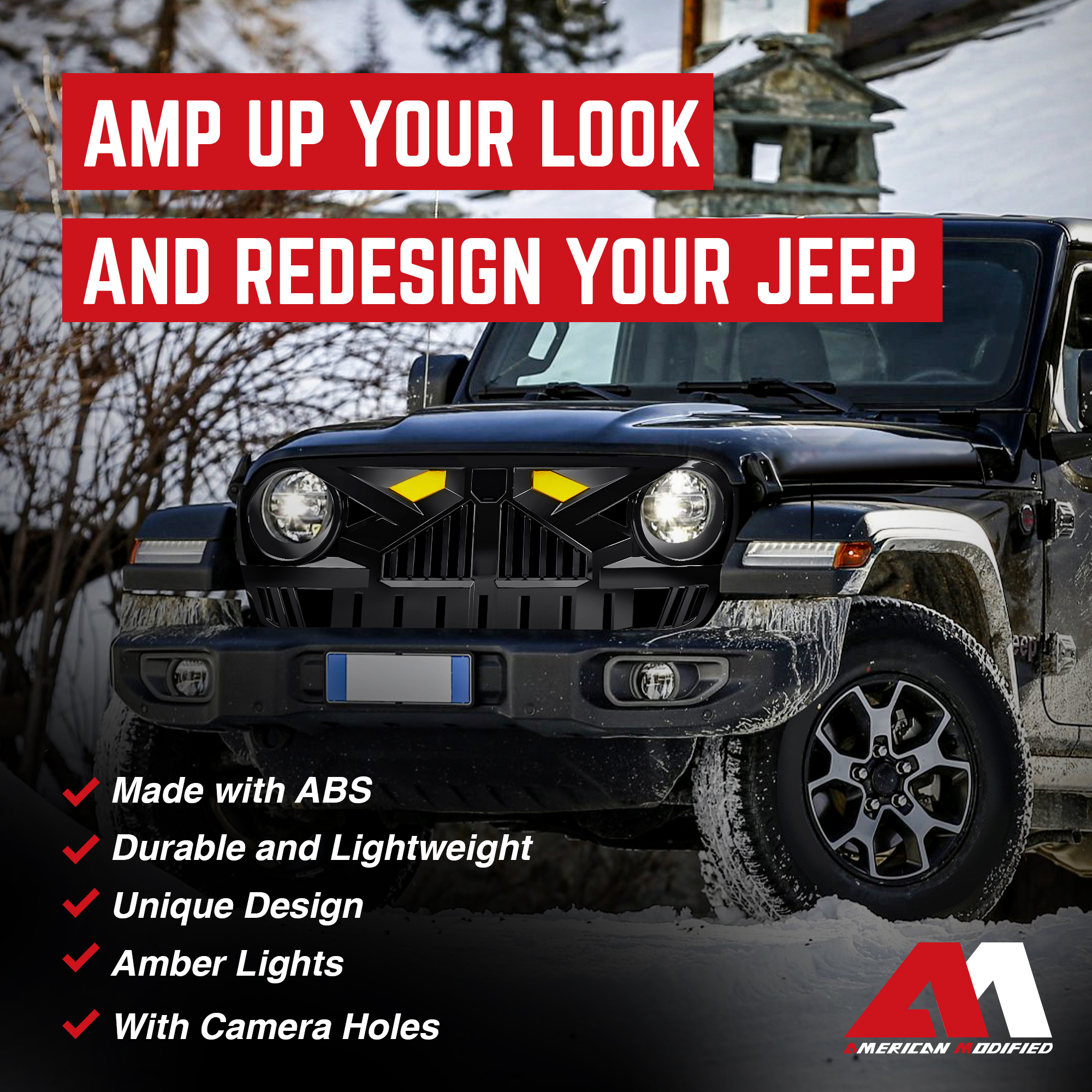 AMERICAN MODIFIED Grille for 2018-2023 Jeep Wrangler JL & Gladiator JT w/Cam