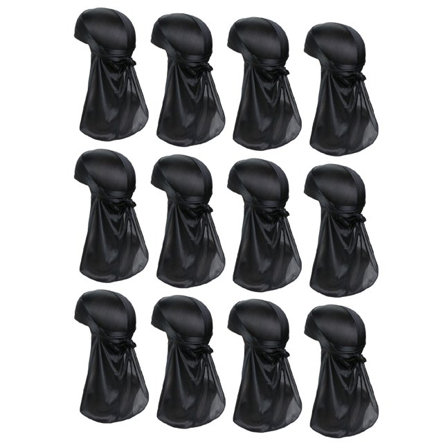 TOPTIE Durags Soyeux, Bandeaux Extra Longs pour Queue Grand pour Vagues 360 Do-Rag-12 Pcs Noir