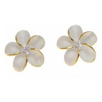 Sterling silver 925 Hawaiian plumeria flower cz earrings post stud 10mm 2t yellow gold plated