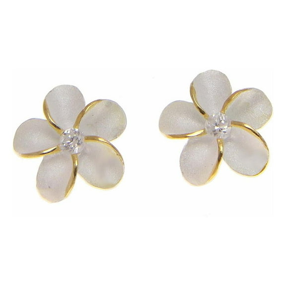 Sterling silver 925 Hawaiian plumeria flower cz earrings post stud 10mm 2t yellow gold plated