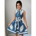 thumbnail image 6 of Women'S 2025 Summer Boho Floral Print Sleeveless Belt Flowy Button Down Midi Sun Dress Blue S, 6 of 9