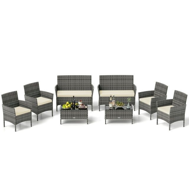 Gymax Set Of 8 Patio Furniture Set w/Washable Cushions & Tempered Glass Coffee Table Beige