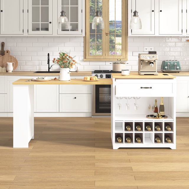 Extendable Kitchen Island - White & Natural MDF with Power Outlet