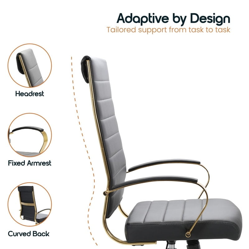 Benmar High-Back Black Leather Office Desk Chair Ergonomic Executive Chair with Adjustable Swivel, Gold Frame with Cushion Support & Silent Wheels for Home Office Workstations