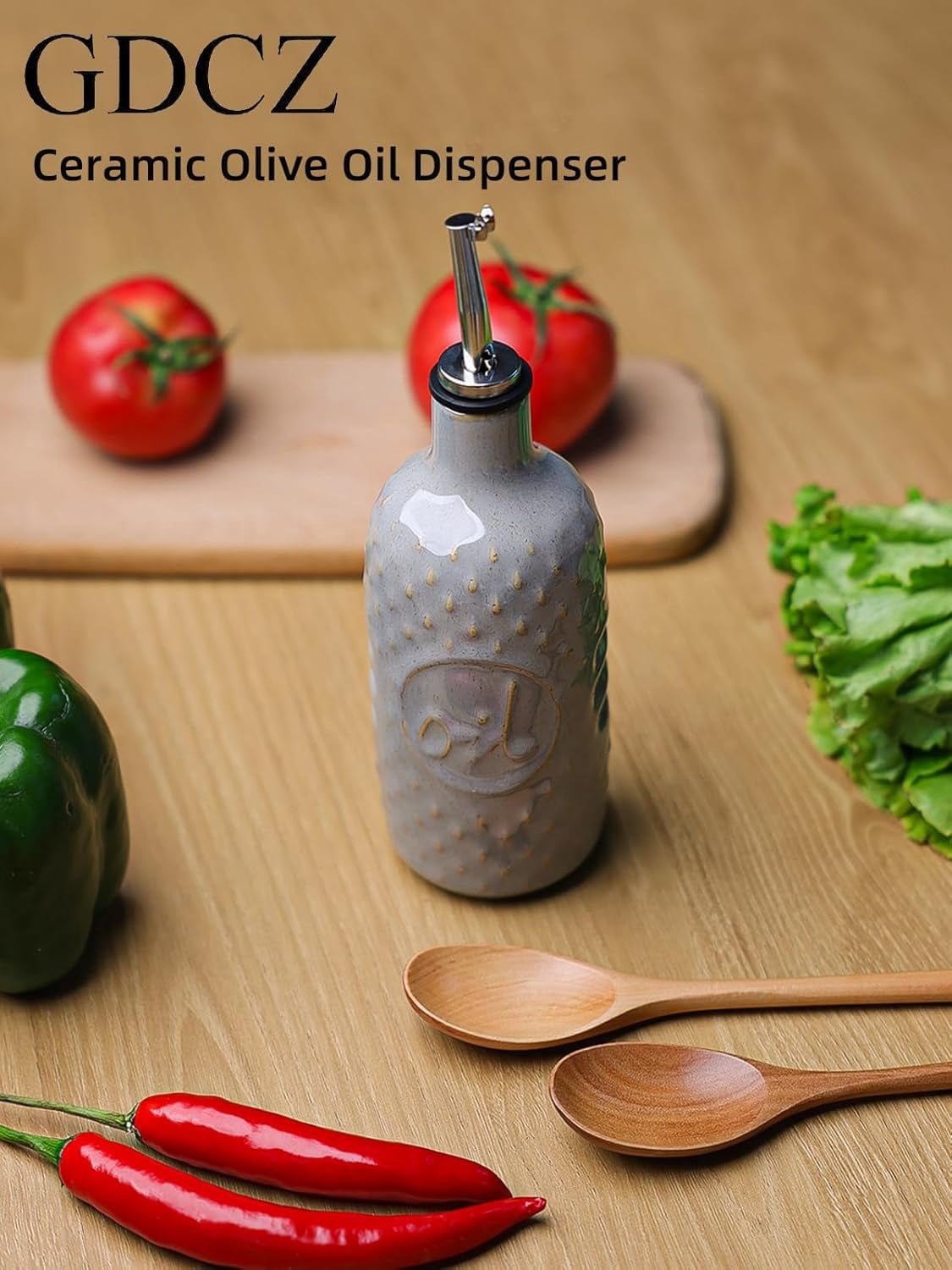 Ceramic Olive Oil Dispenser Bottle, 13 Oz Relief Opaque Oil Cruet, Oil Dispenser for Kitchen Counter, for Storage Oil, Vinegar, Soy Sauce, Coffee Syrup, Liquids (Grey)