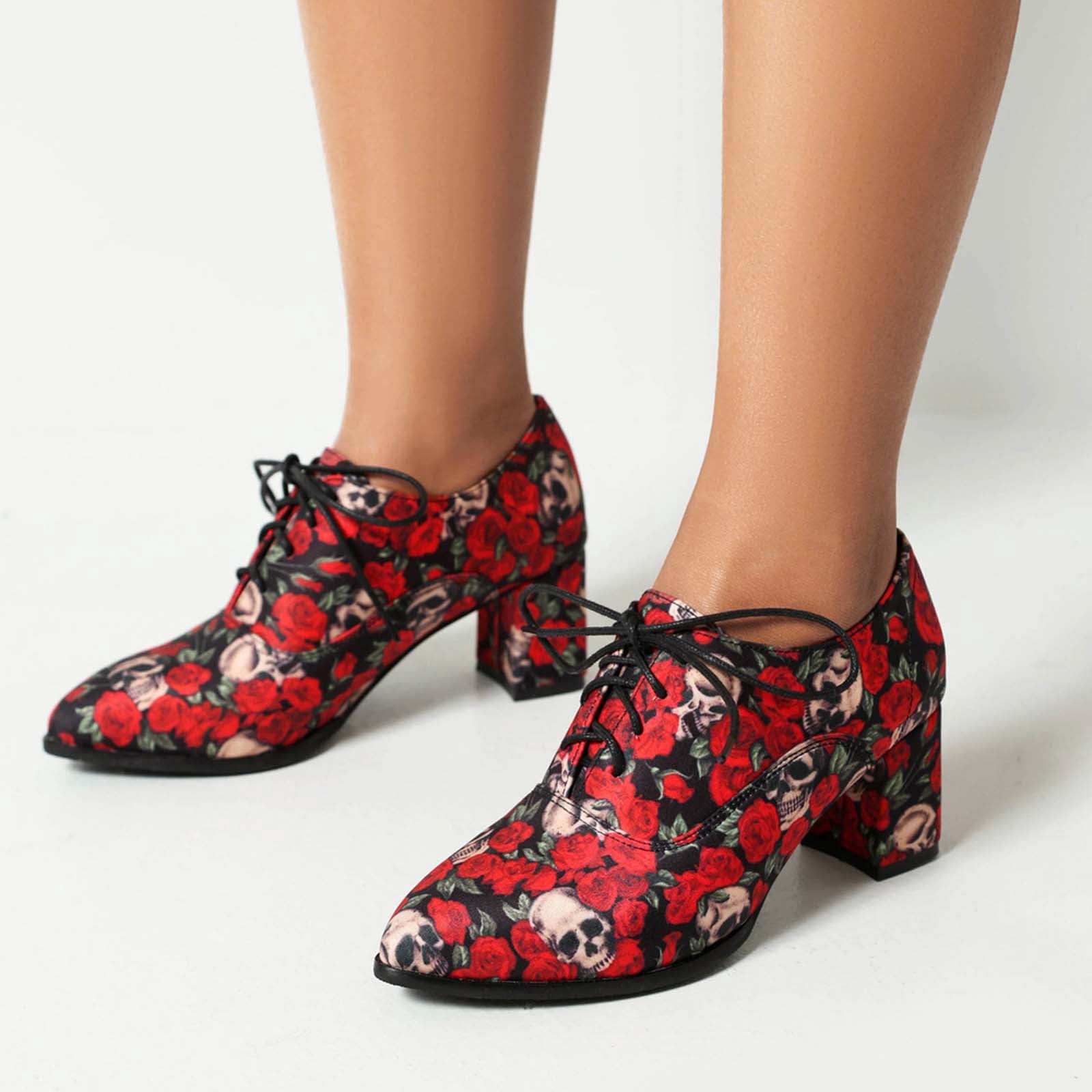 Women's Casual Colorful Print Pumps Shoes Chunky High Heel Pointed Toe Lace Up Suede Dress Shoes