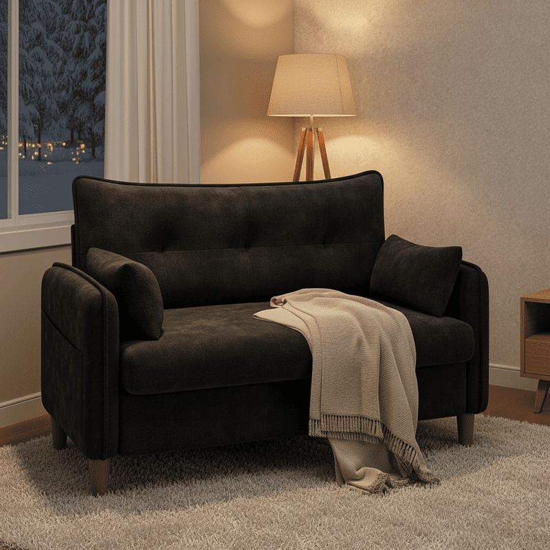 50" Loveseat Couch with Tufted Design | Space-Saving Love Seat Sofa for Small Spaces, Bedroom, and Apartment | Black